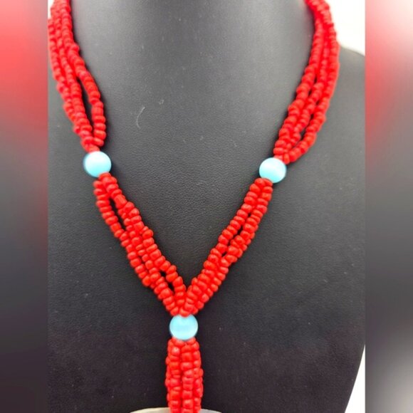 Elegant red coral bead necklace with shell pendant and mul - Picture 6 of 9